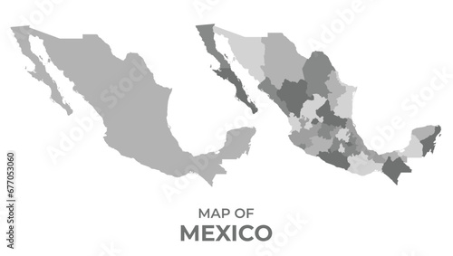 Greyscale vector map of Mexico with regions and simple flat illustration