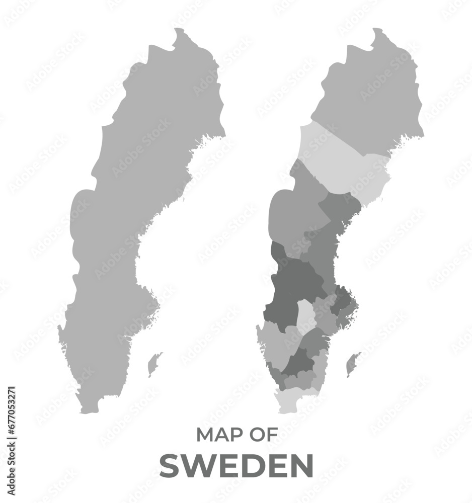 Greyscale vector map of Sweden with regions and simple flat illustration