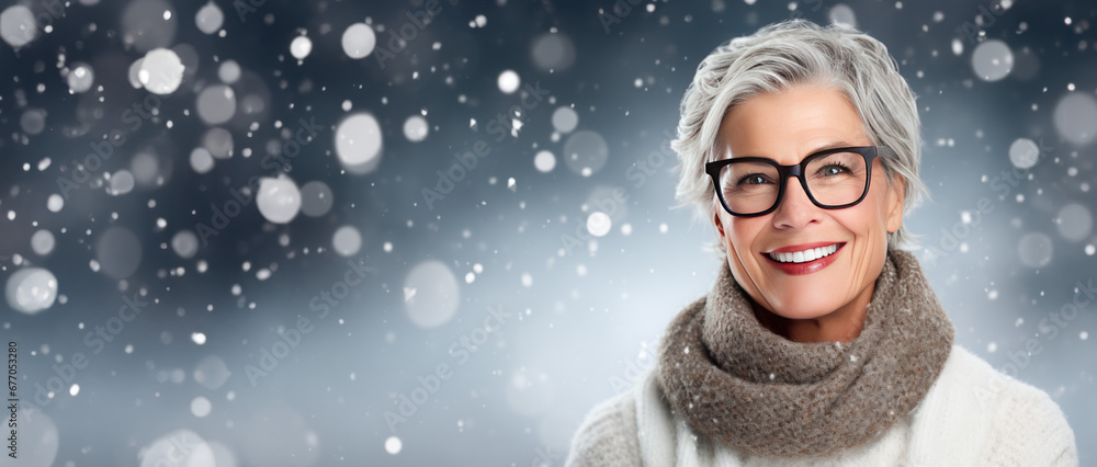 Winter themed senior woman wearing glasses with room for copy space created with Generative AI technology Winter themed senior woman wearing glasses with room for copy space created with Generative AI technology