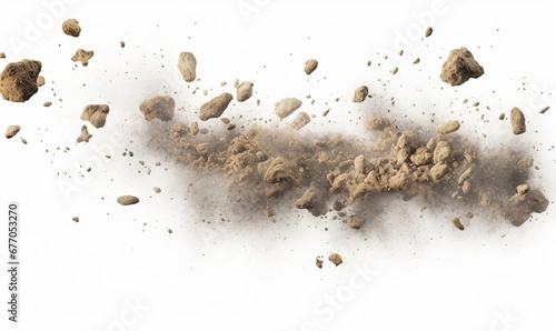 flying rocky debris and dust, isolated on white background, Generative AI