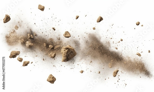 flying rocky debris and dust, isolated on white background, Generative AI photo