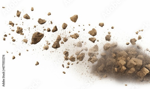 flying rocky debris and dust, isolated on white background, Generative AI photo