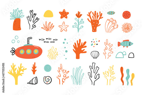 Marine ocean life decorative elements set