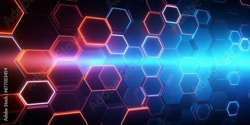 Abstrac futuristic luxurious digital geometric hexagon. Red and blue lights.