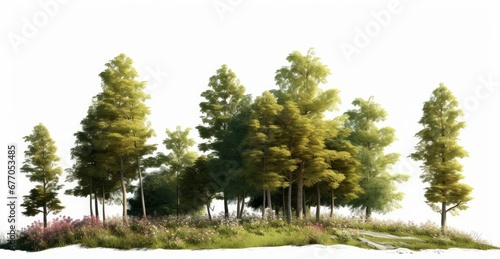 small grove, trees and flowers in a forest, isolated on white background, Generative AI