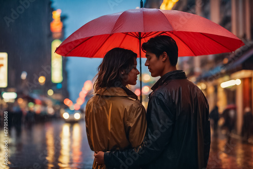Couple in love on a city street in rainy twilight under an umbrella