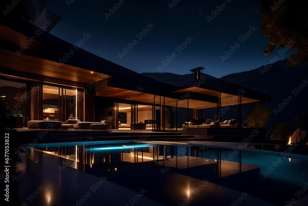 pool at night with reflection, night in the city, hotel, resort, luxury building with swimming pool