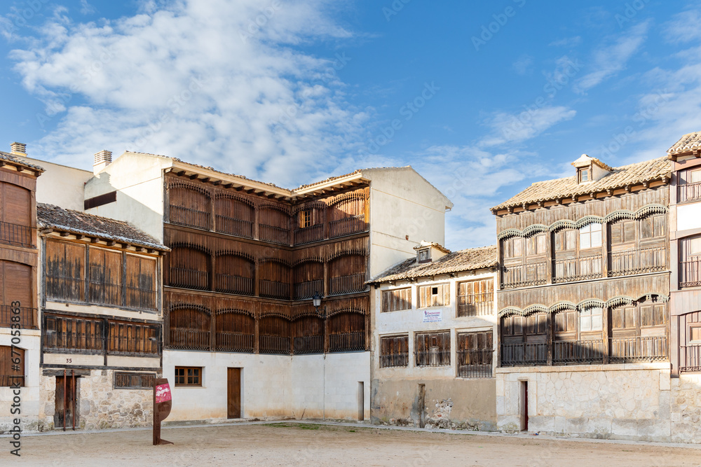 Peñafiel, Spain - October 12, 2023: old square, where bullfighting festivals are held, called Plaza del Coso, in the city of Peñafiel, Valladolid, Spain