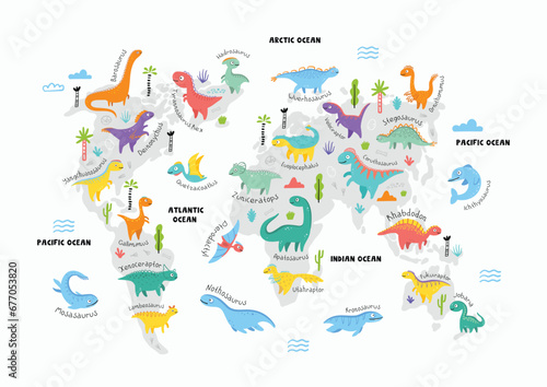 Jurassic dinosaurs world map vector illustration