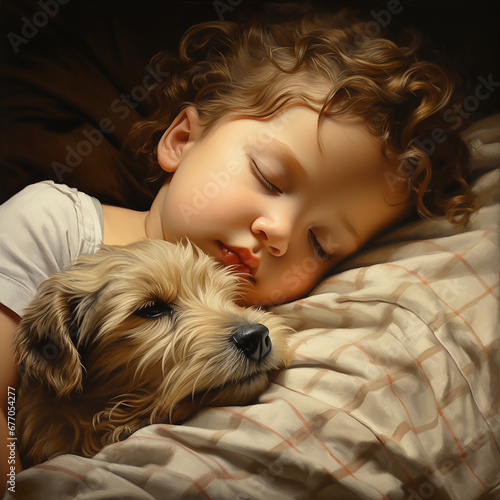 A child sleeping in bed with beautiful white puppy 