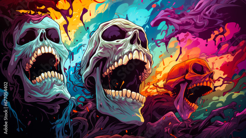 Two skulls with their mouths open in front of colorful background. © valentyn640