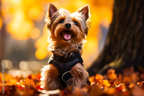 Small brown dog wearing black vest sitting in pile of leaves. © valentyn640