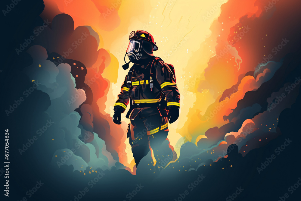 Fire Awareness Day, illustration of characters turning around and jumping into fire rescue scene