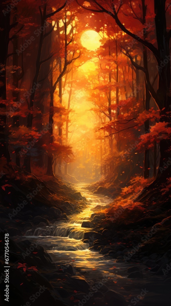 Obraz premium Tall trees with radiant autumn colors stand amidst mist, sunlight creating magical aura. Mystical forest views.