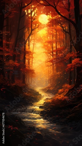 Tall trees with radiant autumn colors stand amidst mist, sunlight creating magical aura. Mystical forest views.