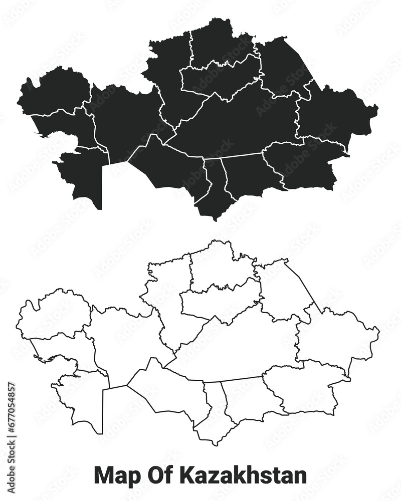 Vector Black map of Kazakhstan country with borders of regions