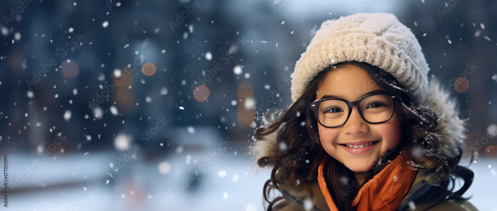 Winter themed girl wearing glasses with room for copy space created with Generative AI technology Winter themed girl wearing glasses with room for copy space created with Generative AI technology