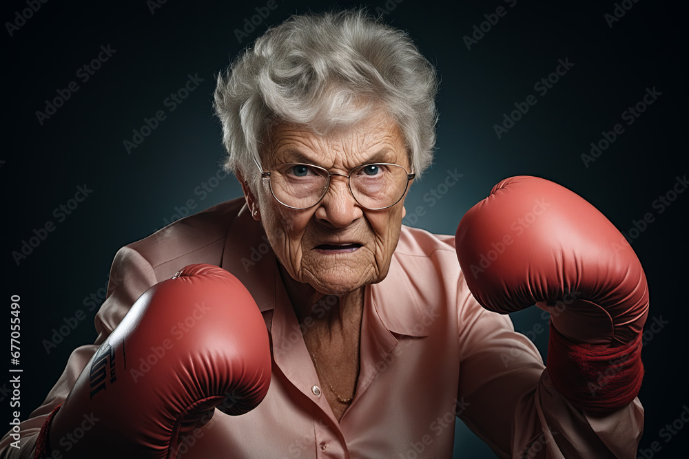 Old woman wearing red boxing gloves and pink shirt.