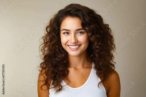 Woman with long curly hair smiling at the camera with smile on her face.