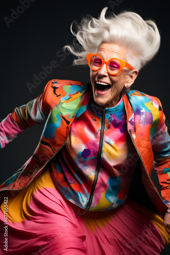Woman with white hair and glasses on her face and colorful jacket. © valentyn640