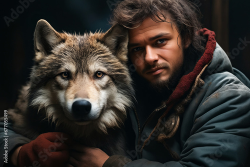 Man holding wolf in his arms with wolf on his shoulder.