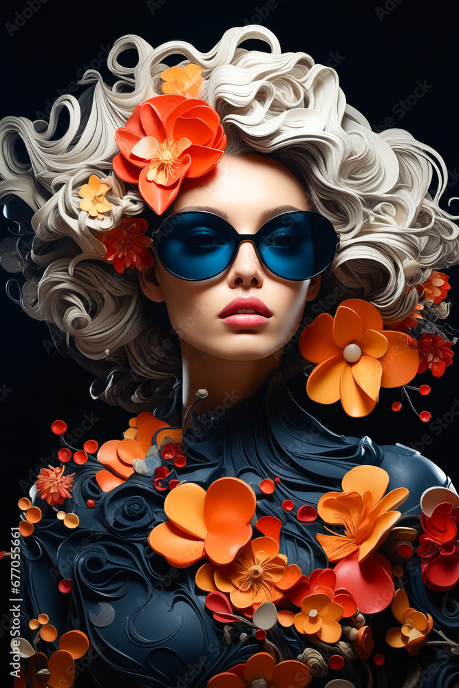 Woman with sunglasses and flowers on her head and black background.