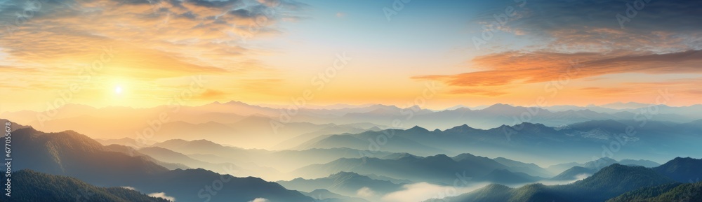 Painting: Colors of Dusk: Majestic Mountain Range Bathed in the Warm Glow of Sunset