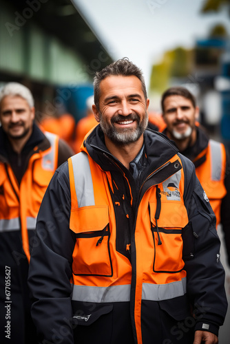 Man in orange vest smiles at the camera while other men in orange vests stand behind him.