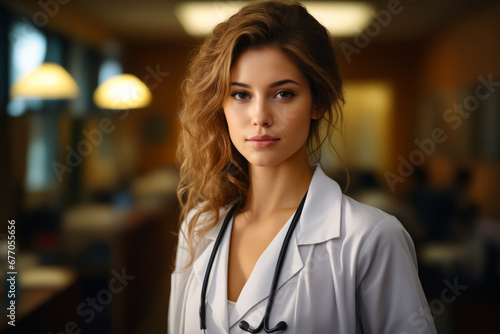Woman with white coat and black necklace on.