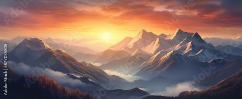 A Majestic Sunset Over the Serene Mountain Peaks