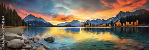 A Serene Reflection: A Majestic Mountain Lake at Sunset