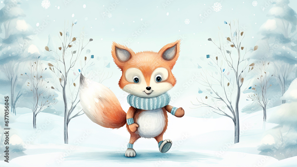 Obraz premium Xmas greeting card with cute little fox . Winter holidays concept. Watercolor illustration.