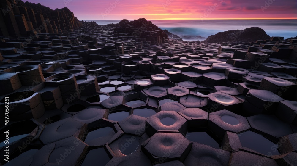 Obraz premium Hexagonal Rock Formations in a Majestic Coastal Landscape