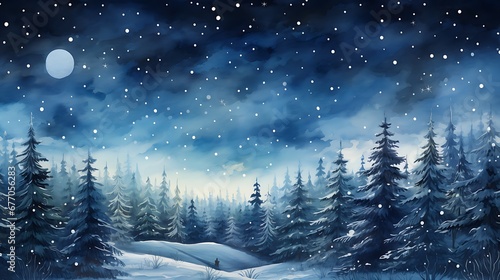 winter forest with snow and mist, mountains in the background, panorama view, watercolor illustration suitable as greeting card or background banner