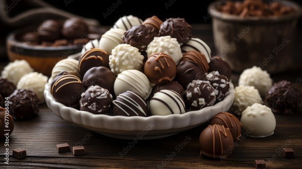 dark, milk and white chocolate candies / pralines / truffles, assorted on wooden table, copy space, 16:9