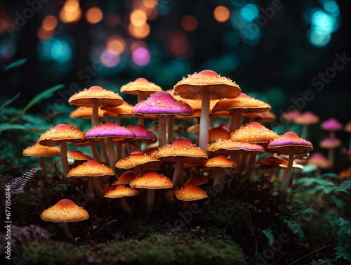 Close-up of fantasy wild mushrooms with beautiful neon light shades