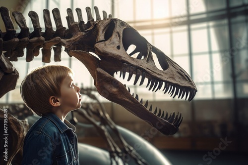 Child dino skeleton museum historical. Hunter extinct natural science. Generate Ai © nsit0108