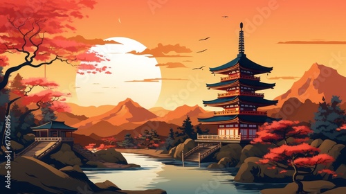 Vászonkép ancient japanese pagoda, ukiyo e style, copy space