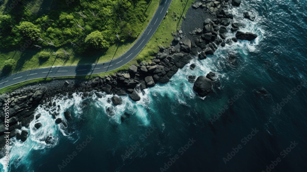 Top view of the highway around the forest with coral rocks and the wide ocean created with Generative AI Technology