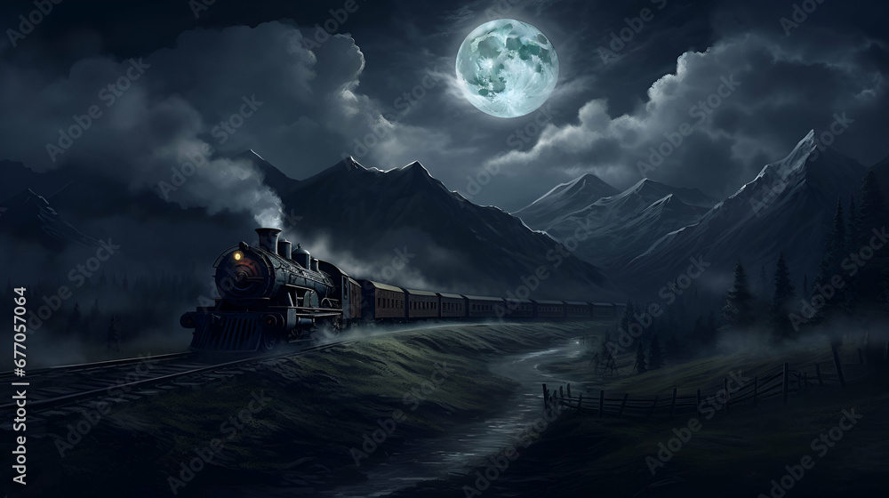 steam locomotive train running in dark spooky night, full moon 