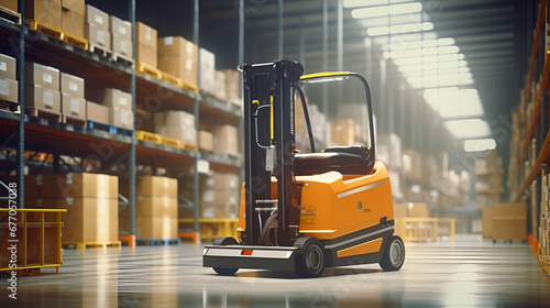 auto forklift operated in modern warehouse, stores photo