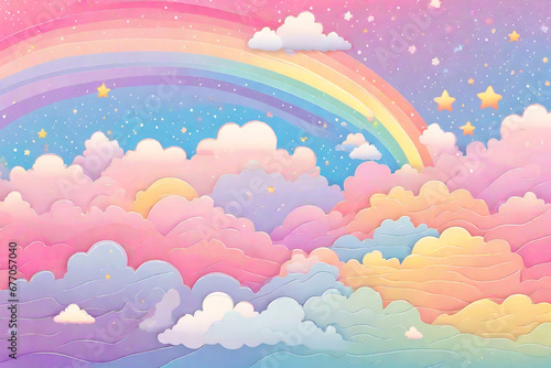 Rainbow background with clouds and stars. Pastel color sky