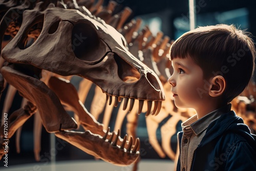 Child look at dino skeleton museum. Inquiry historical structure science. Generate Ai © nsit0108