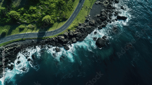 Top view of the highway around the forest with coral rocks and the wide ocean created with Generative AI Technology