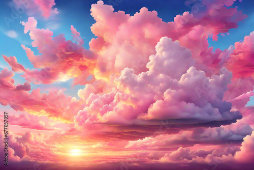 Cartoon summer sunrise with pink clouds and sunshine