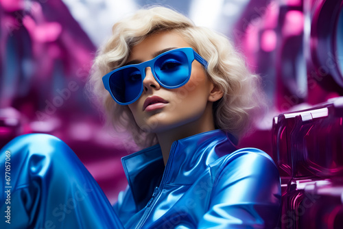 Woman wearing blue sunglasses and blue jacket with pink background.