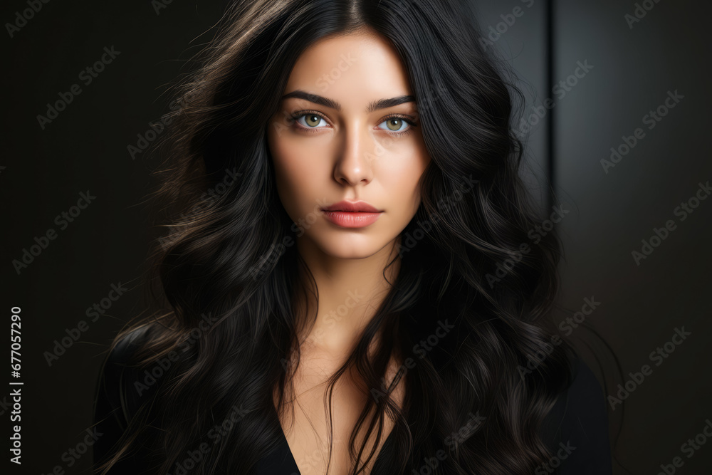 Woman with long black hair and blue eyes is posing for picture.