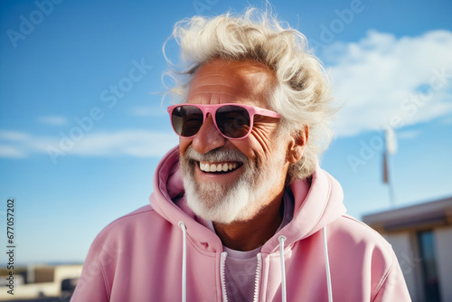 Man with white beard wearing sunglasses and pink hoodie.