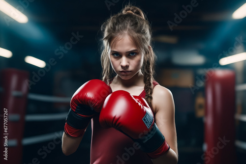 Young girl wearing boxing gloves in dark room.
