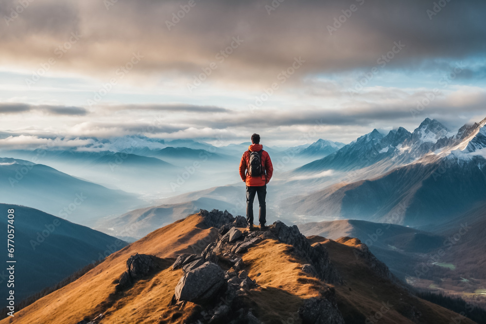 Tourist on the top of a mountain admires the opening mountain landscape.